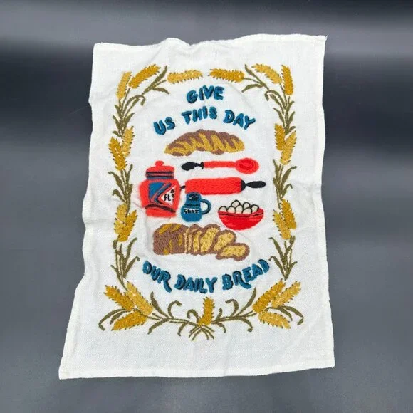 Crewel Embroidered Wall Hanging Hand Towel Give Us This Day Our Daily Bread - Picture 2 of 5